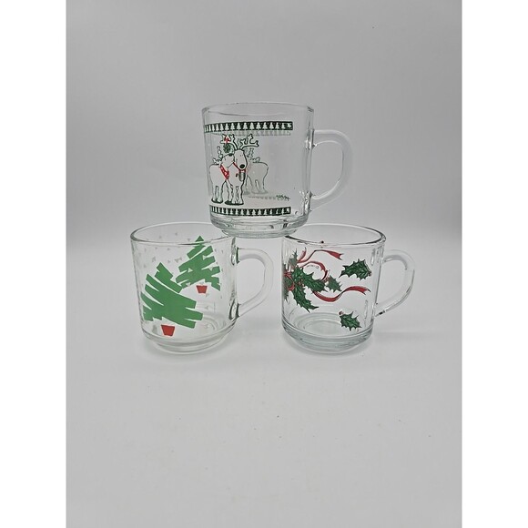Lot of 3 Vintage Christmas Coffee Mugs Anchor Hocking & Luminarc Clear Glass - Picture 3 of 11